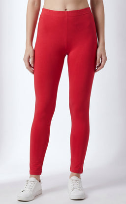 Red Cotton Stretch Ankle Length Legging