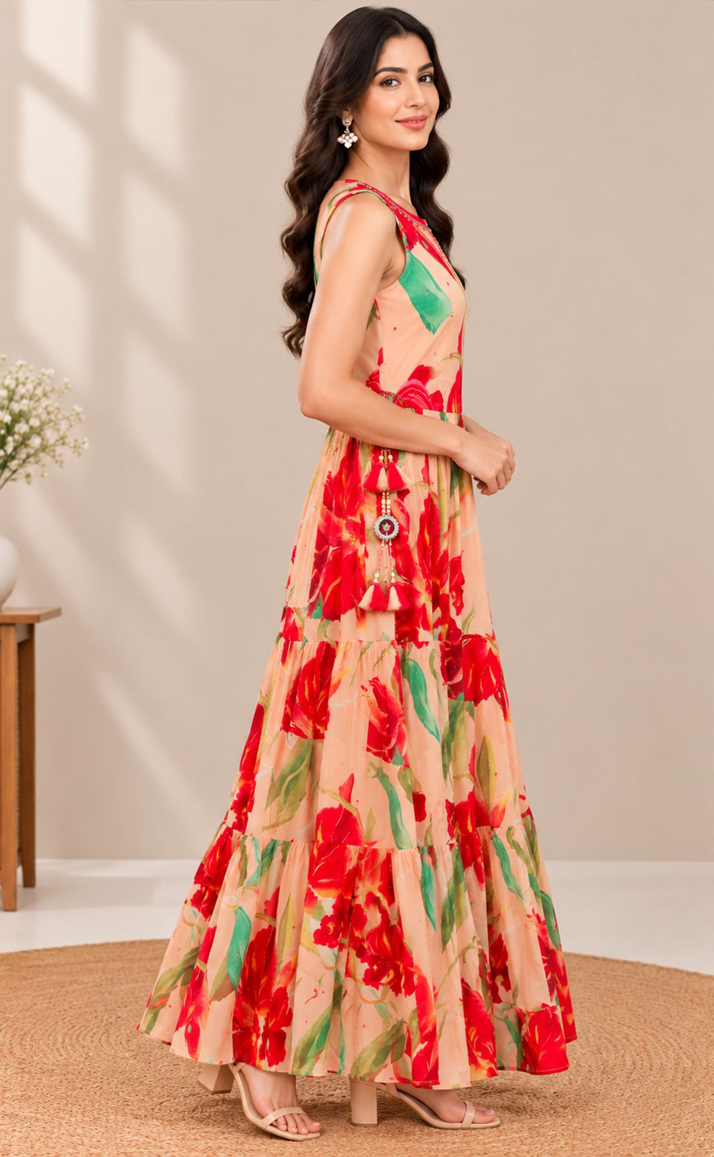 Maroon With Cream Chinon Floral Printed Kurti Gown