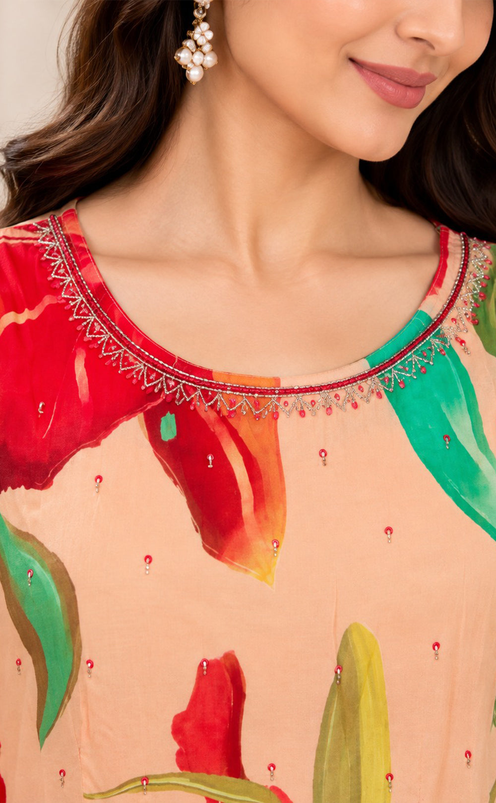 Maroon With Cream Chinon Floral Printed Kurti Gown