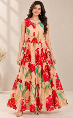 Maroon With Cream Chinon Floral Printed Kurti Gown