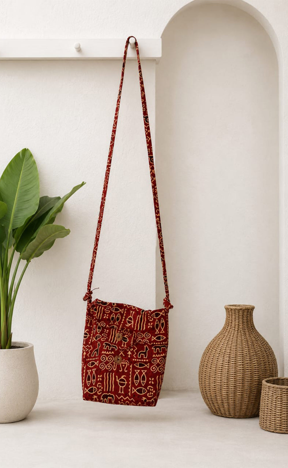 Marron Cotton All-Over Kalamkari Printed Long Straight Kurti 3 Piece Combo With Sling Bag