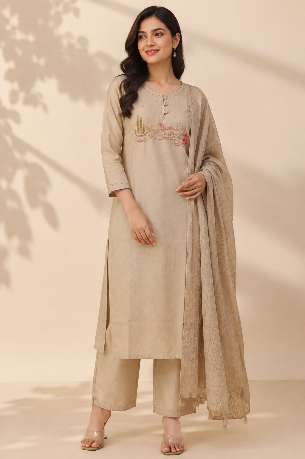 Cream Cotton Thread Work Kurti Set