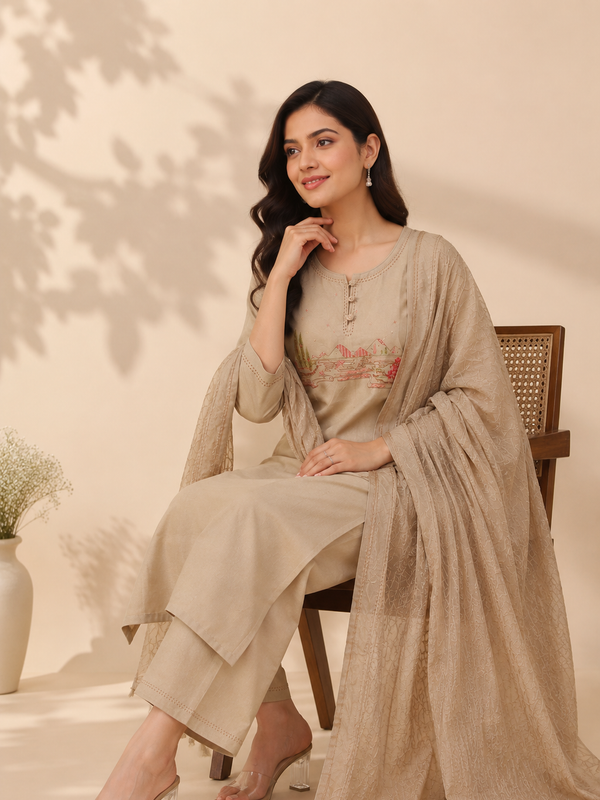 Cream Cotton Thread Work Kurti Set