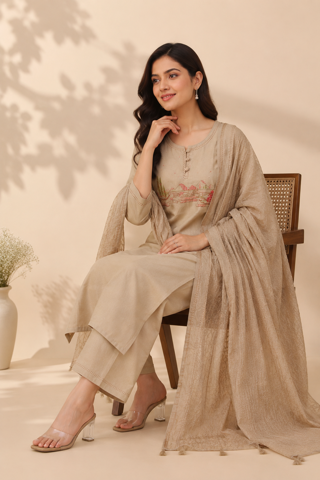 Cream Cotton Thread Work Kurti Set