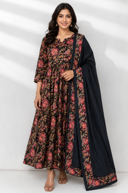 Black Cotton All-Over Floral Printed Kurti Set