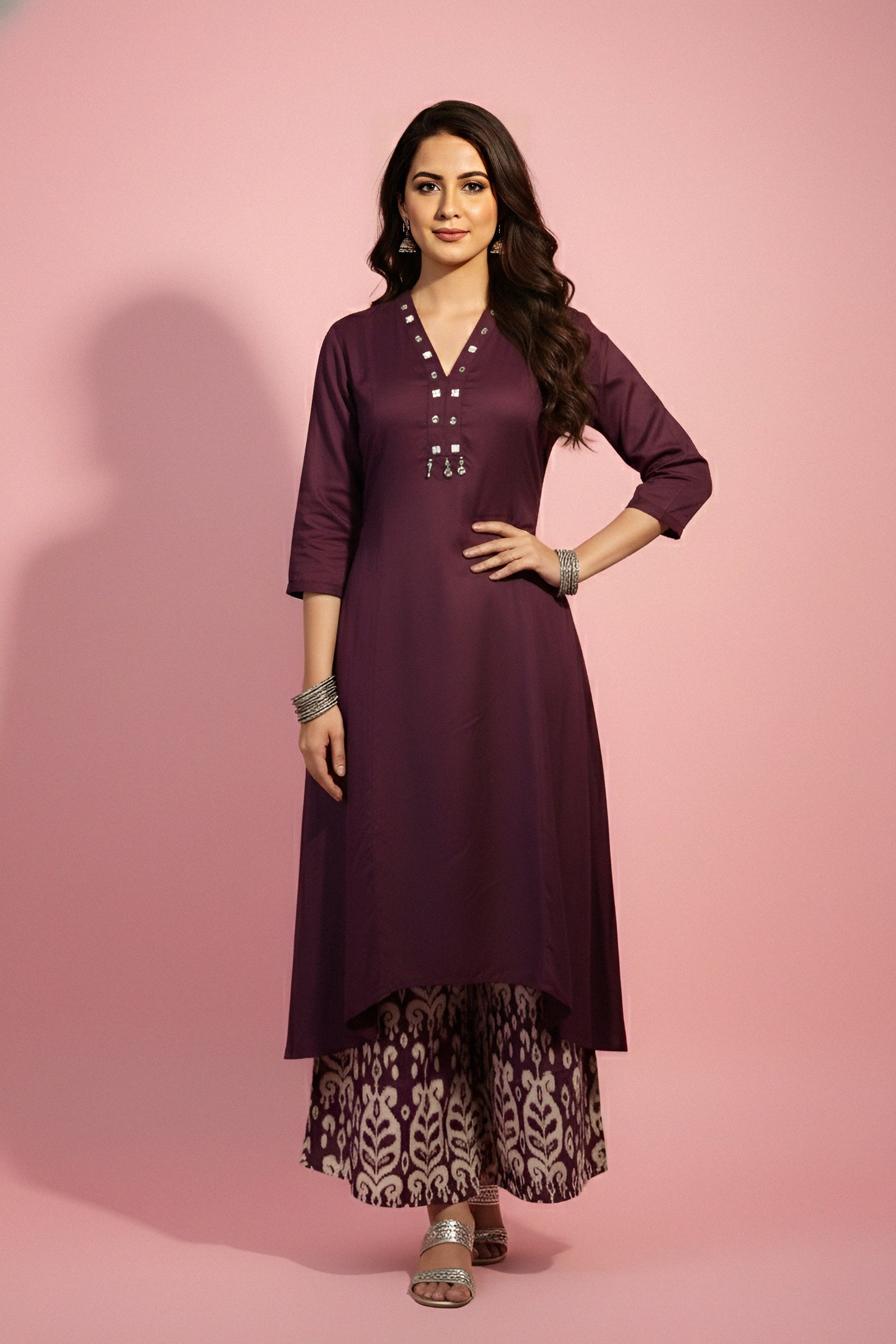 Wine-plum kurta set
