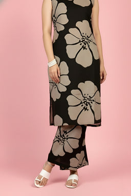Black & taupe floral printed kurta set
