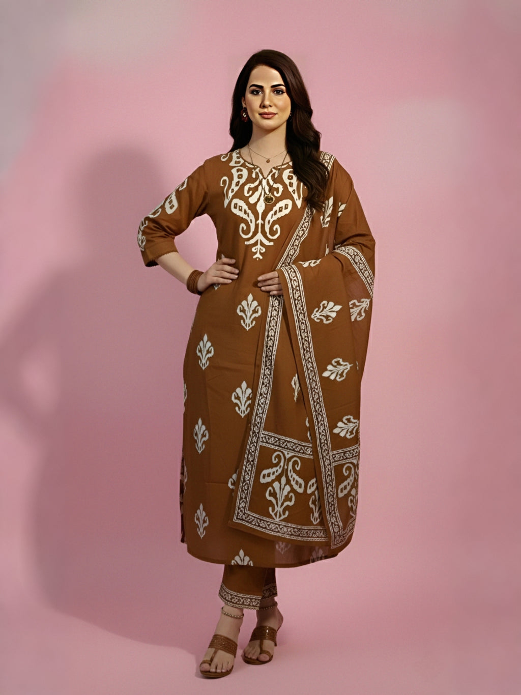 Brown Printed Kurti Set
