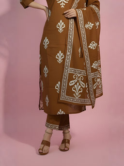 Brown Printed Kurti Set