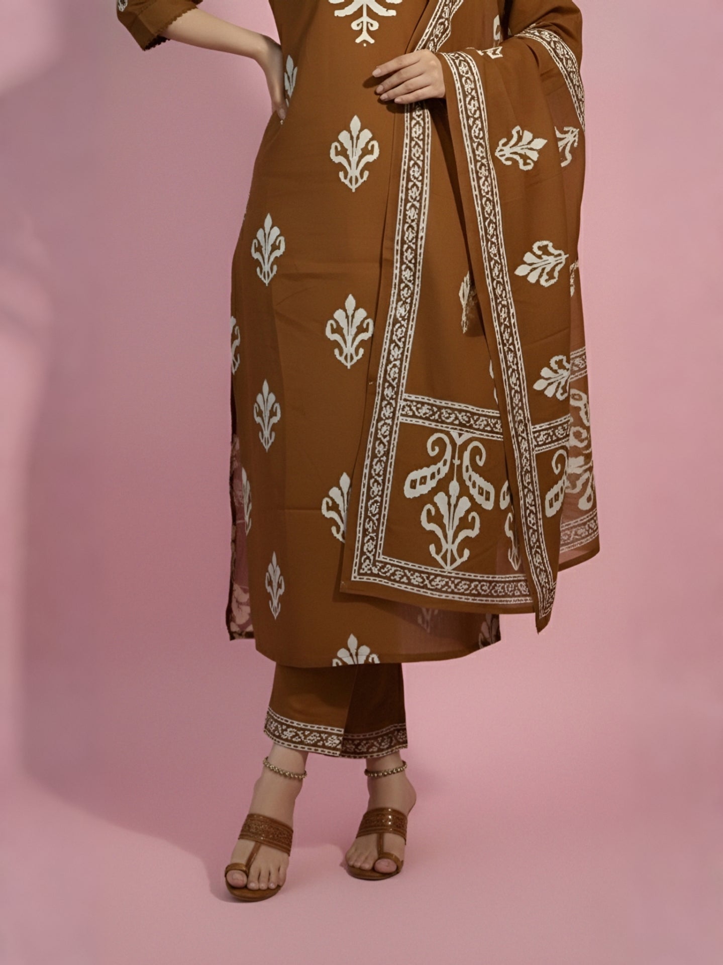 Brown Printed Kurti Set