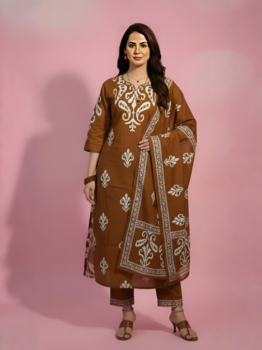 Brown Printed Kurti Set
