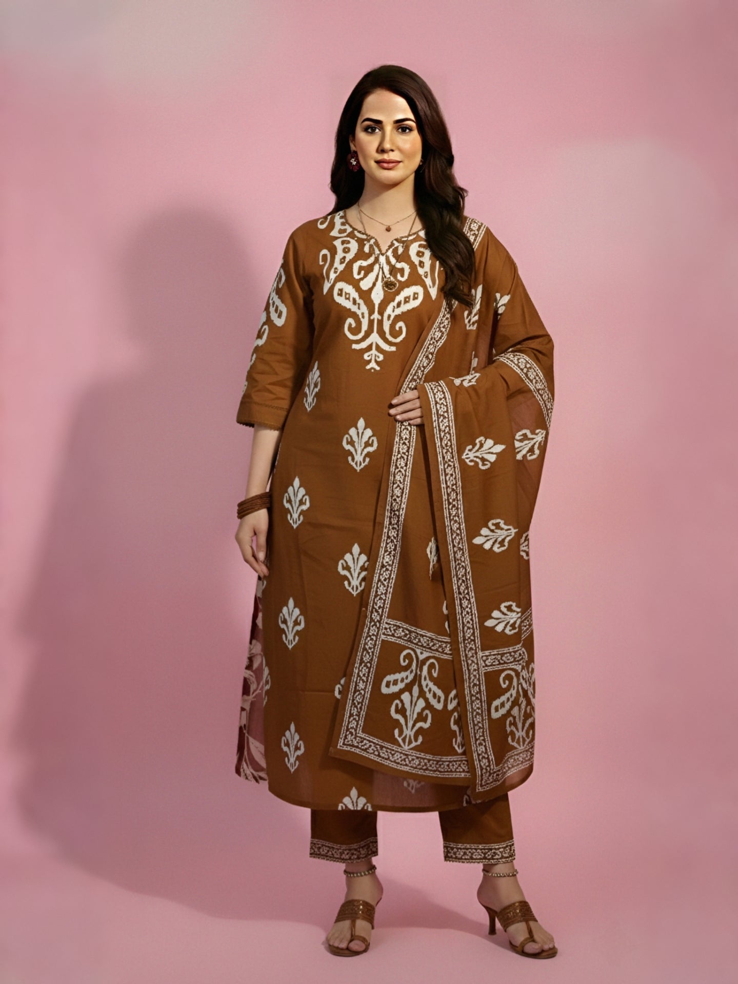 Brown Printed Kurti Set