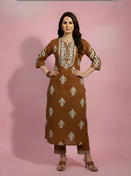 Brown Printed Kurti Set