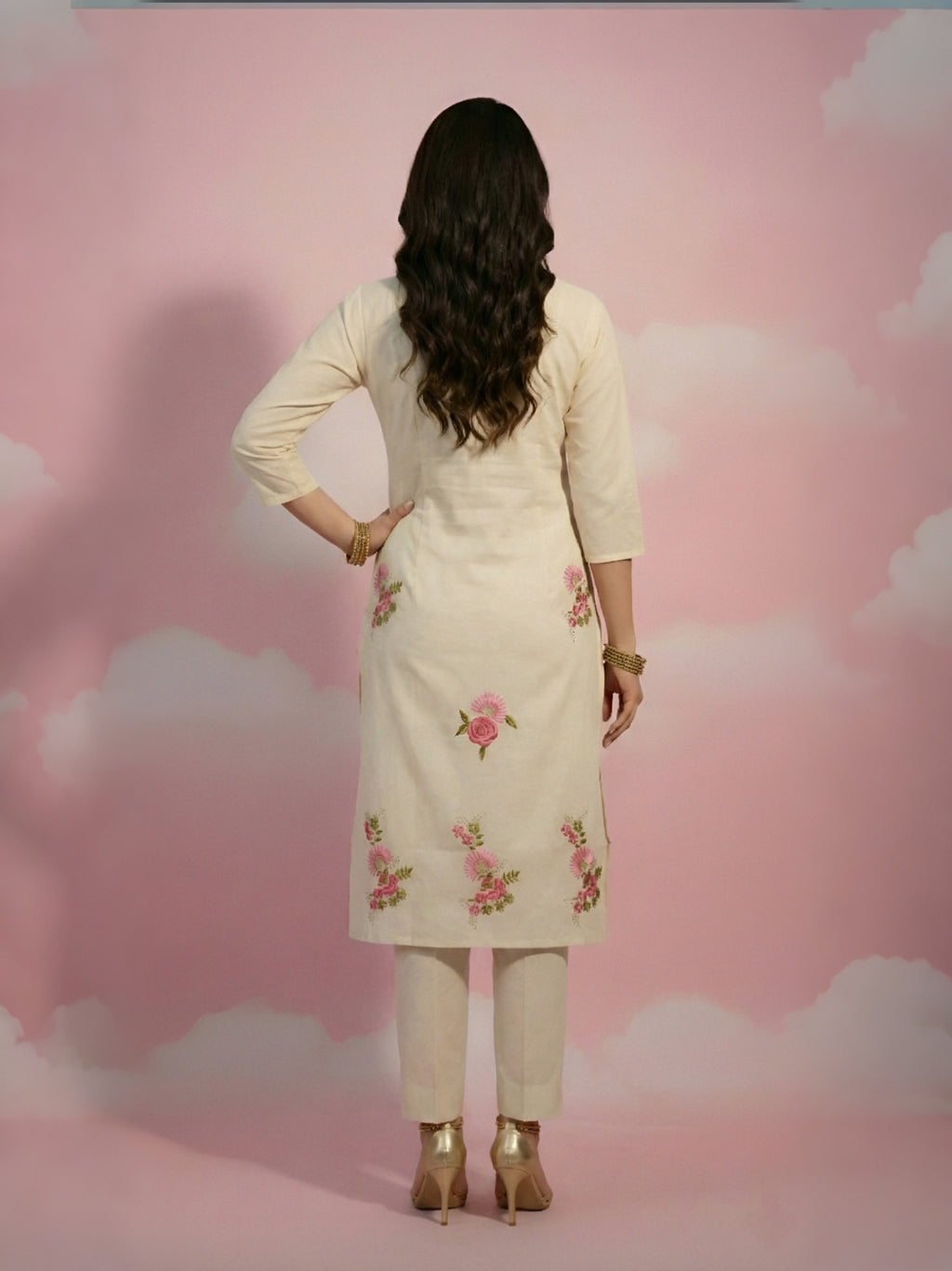 Cream Floral Embroidered Cord set