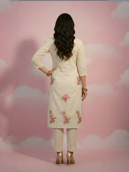 Cream Floral Embroidered Cord set