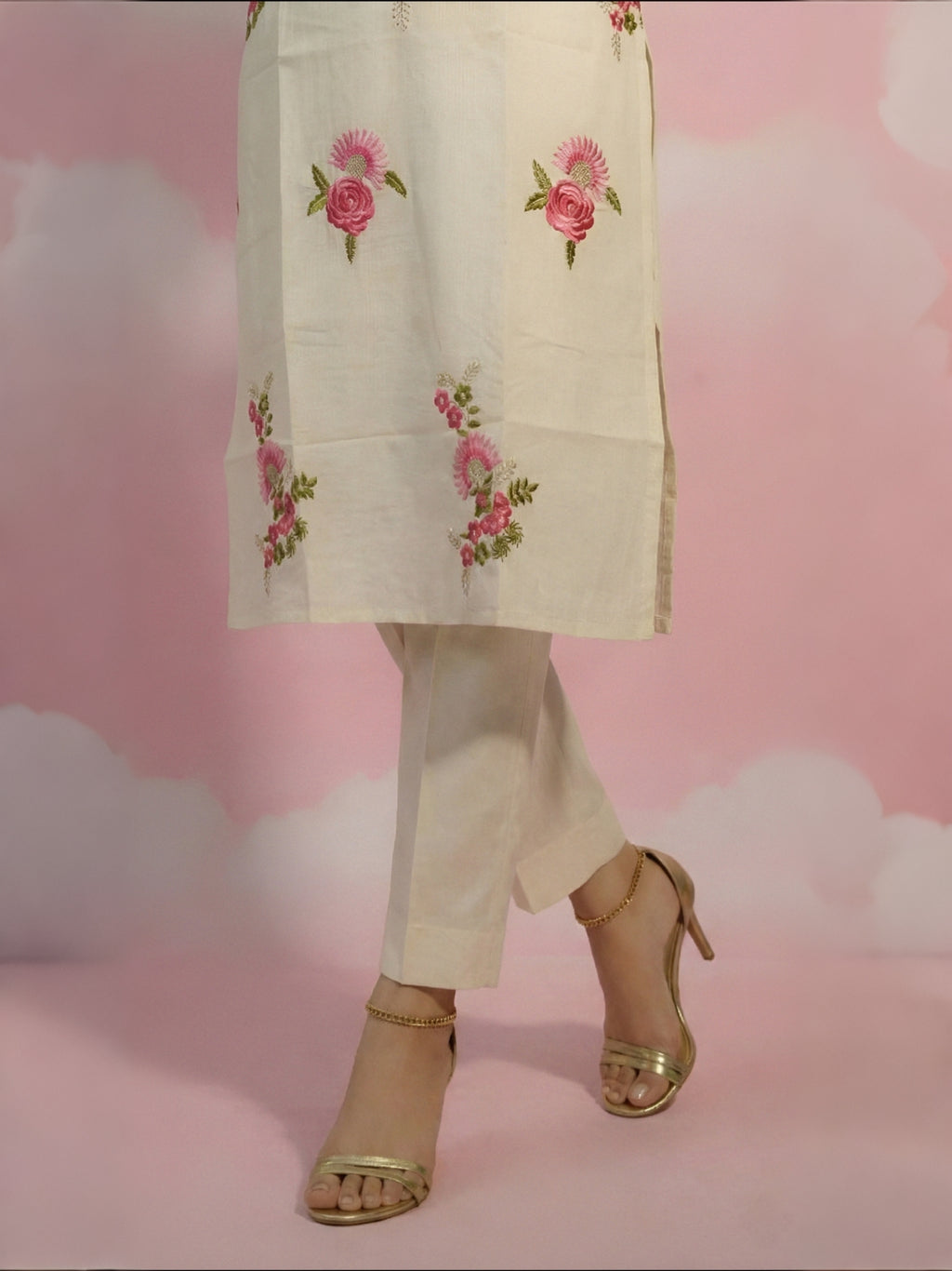 Cream Floral Embroidered Cord set