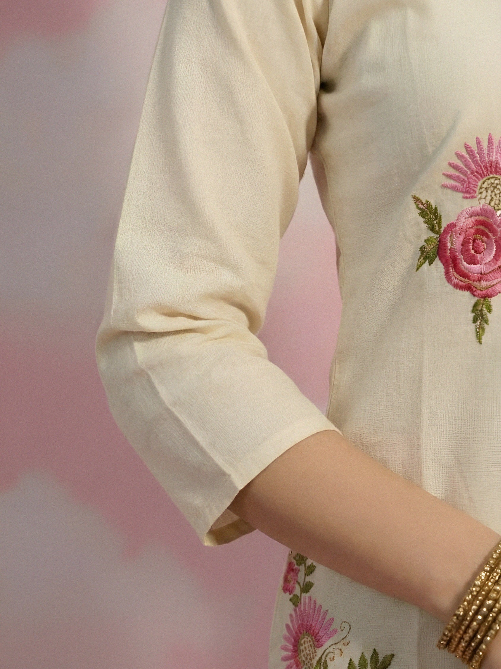 Cream Floral Embroidered Cord set