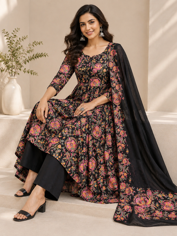 Black Cotton All-Over Floral Printed Kurti Set
