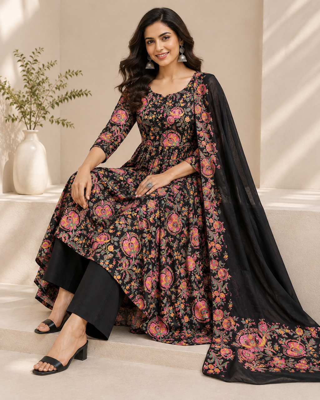 Black Cotton All-Over Floral Printed Kurti Set