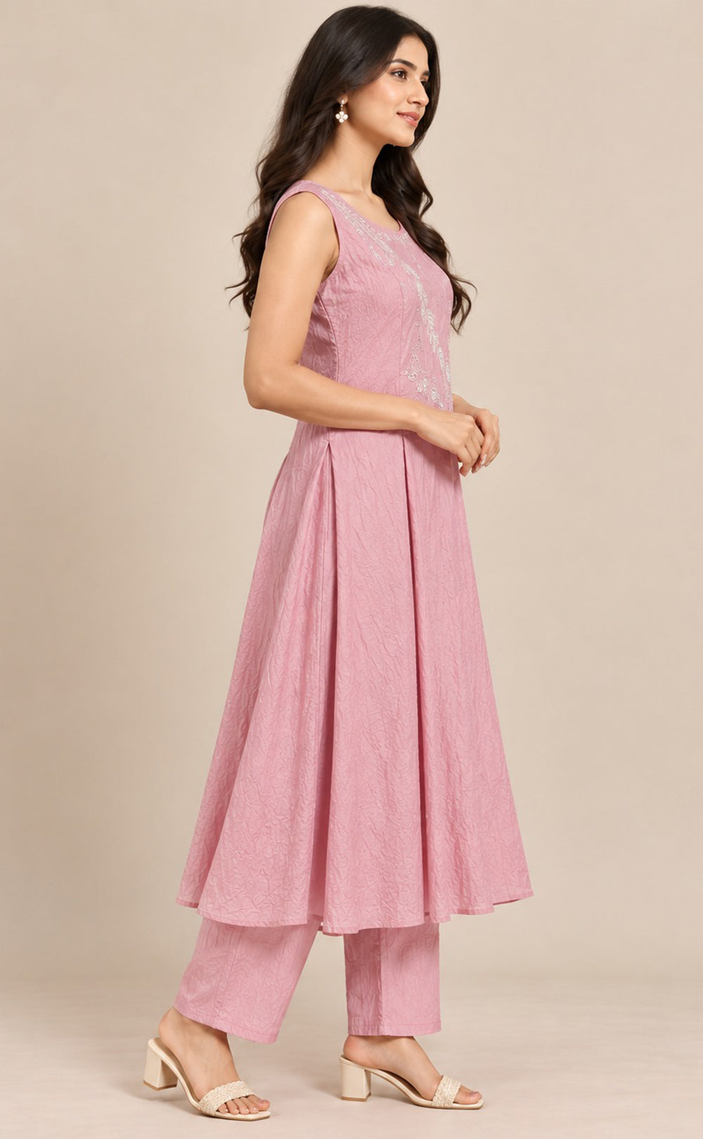 Peach Pink Imported Crush with beats work Co-ord Set