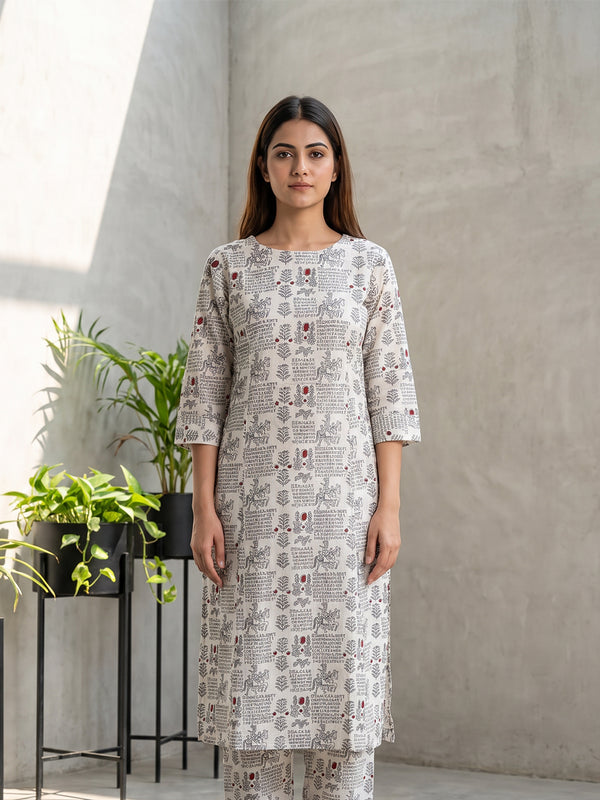 White Cotton Horse And Traditional Motifs Printed Co-ord Set