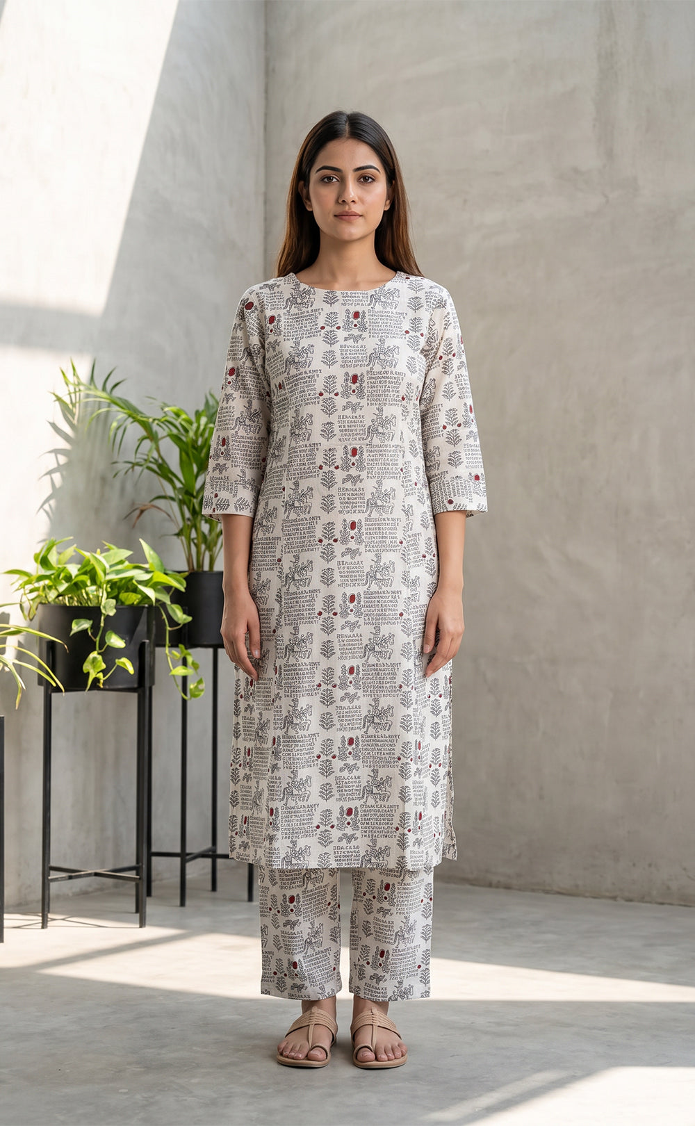 White Cotton Horse And Traditional Motifs Printed Co-ord Set
