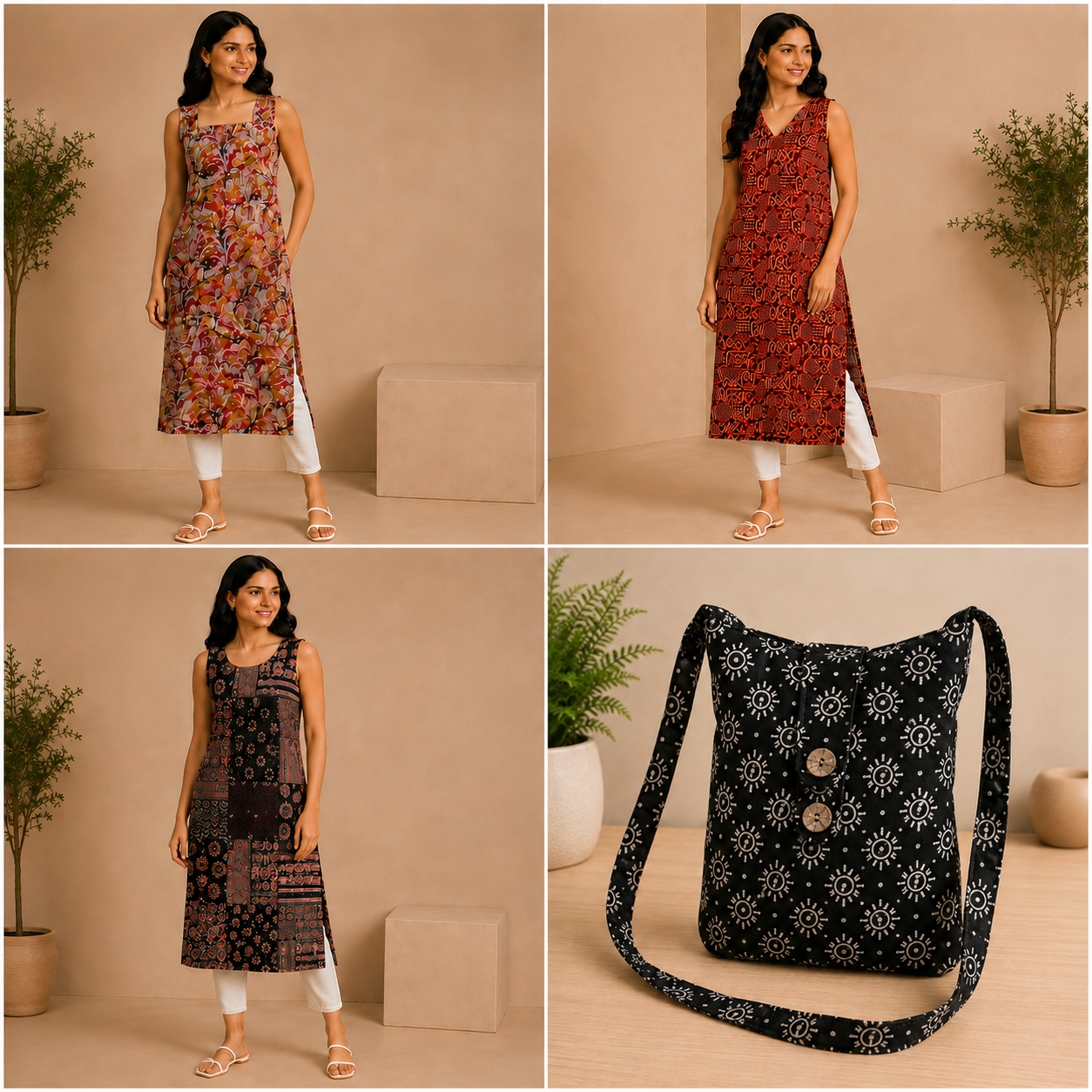 Cotton Long Straight Kurtis Combo – Pack of 3 with Free Cotton Sling Bag