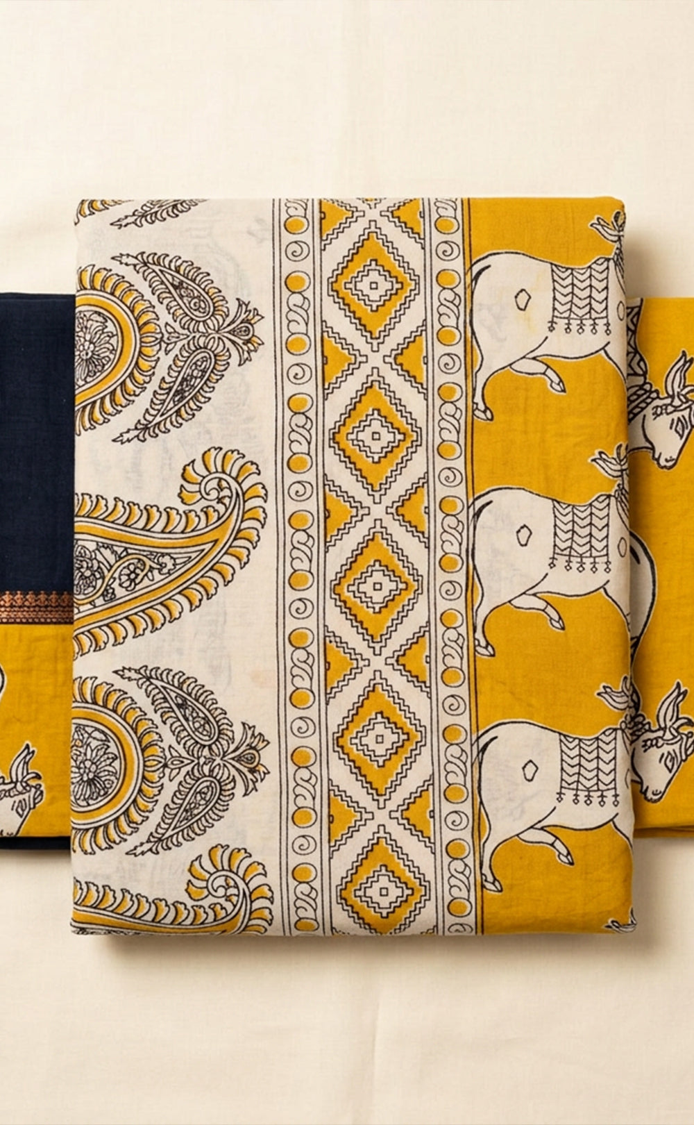 Mustard Yellow Cotton Nandi Printed Kalamkari Un-Stritched Dress Materials