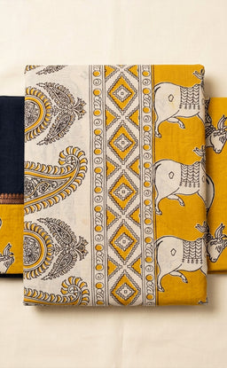 Mustard Yellow Cotton Nandi Printed Kalamkari Un-Stritched Dress Materials