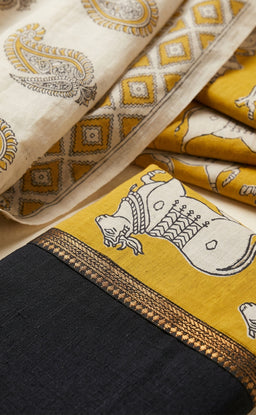 Mustard Yellow Cotton Nandi Printed Kalamkari Un-Stritched Dress Materials