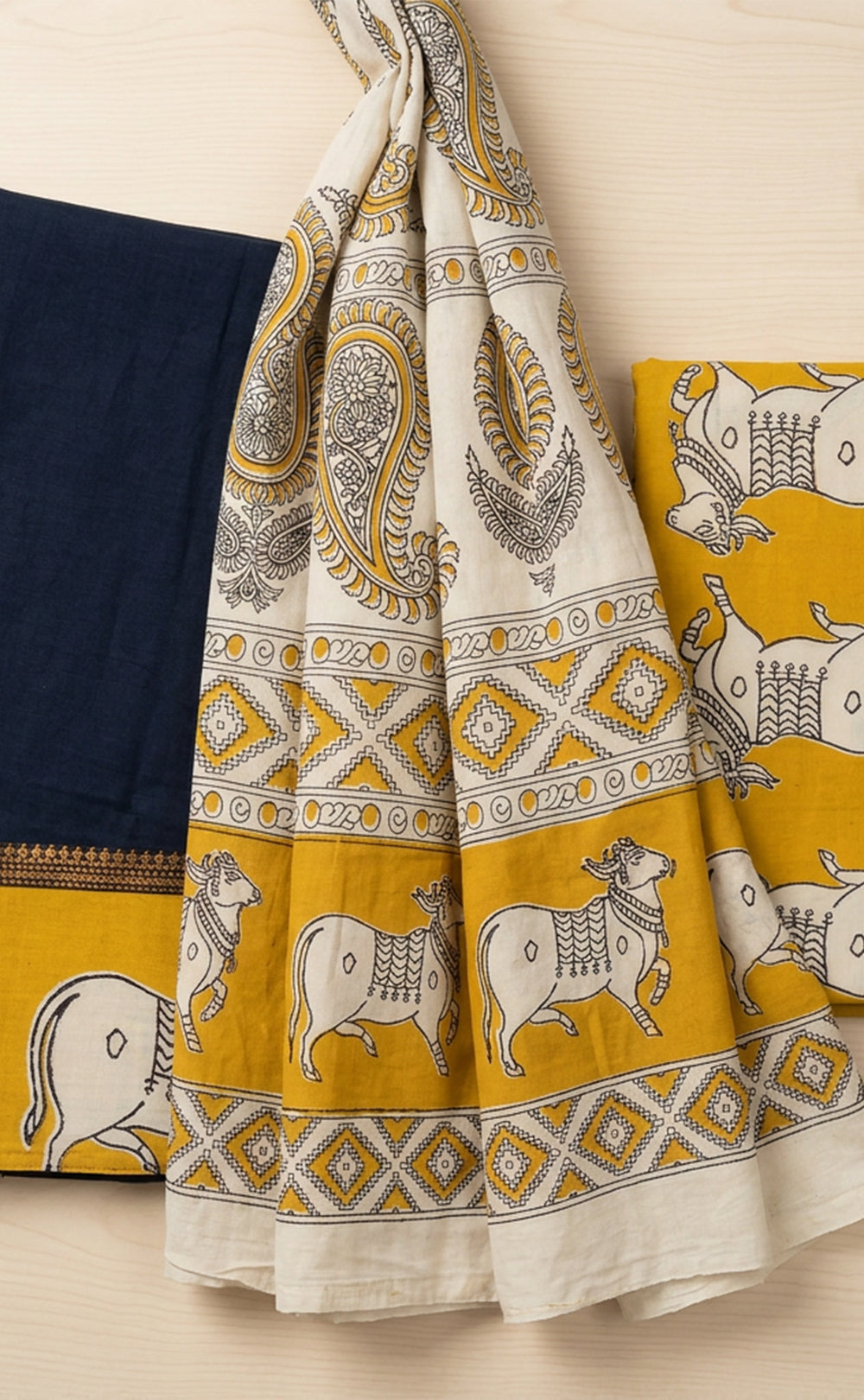 Mustard Yellow Cotton Nandi Printed Kalamkari Un-Stritched Dress Materials