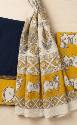 Mustard Yellow Cotton Nandi Printed Kalamkari Un-Stritched Dress Materials