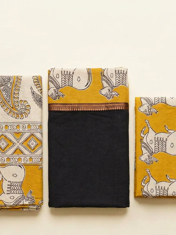 Mustard Yellow Cotton Nandi Printed Kalamkari Un-Stritched Dress Materials