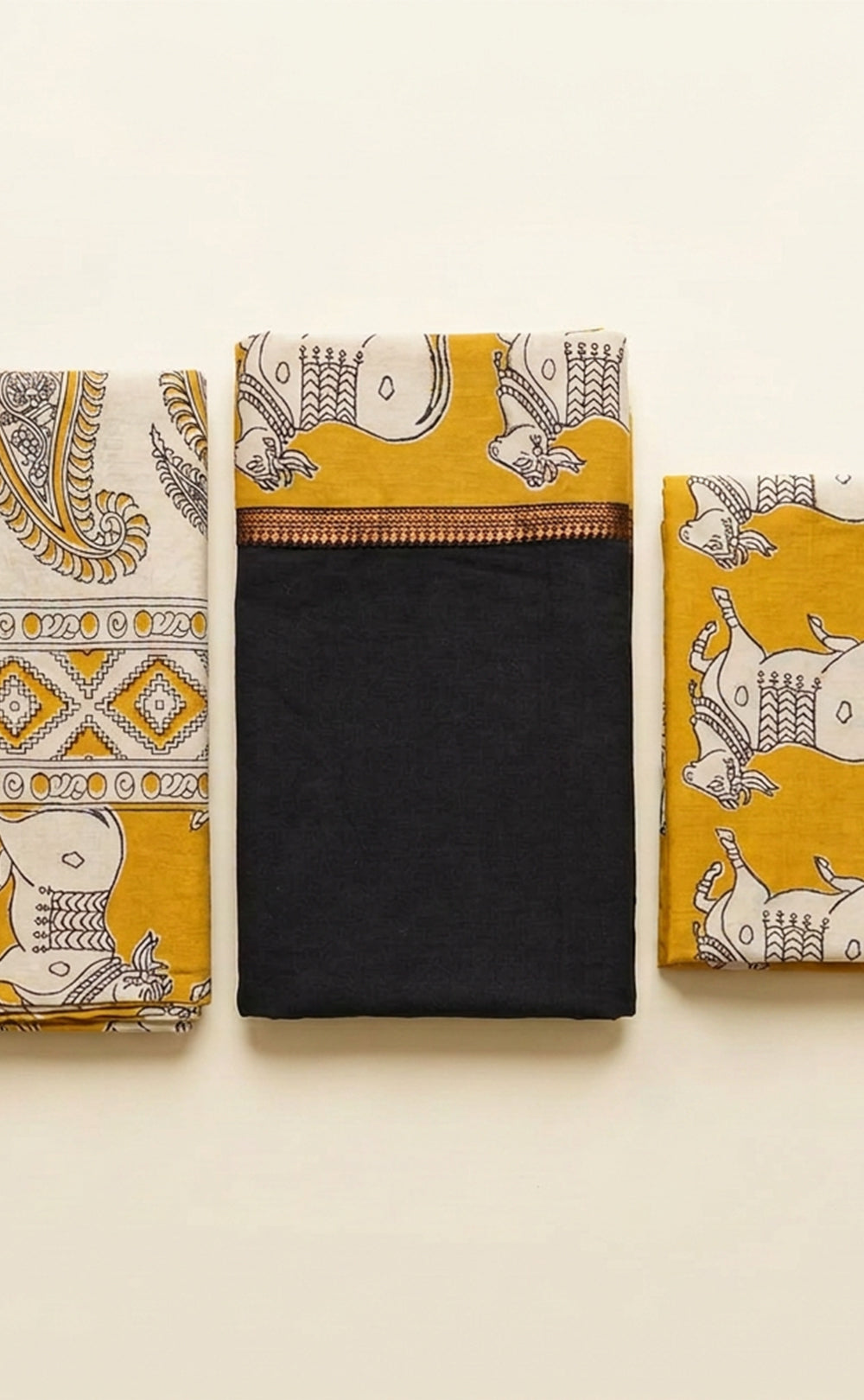Mustard Yellow Cotton Nandi Printed Kalamkari Un-Stritched Dress Materials