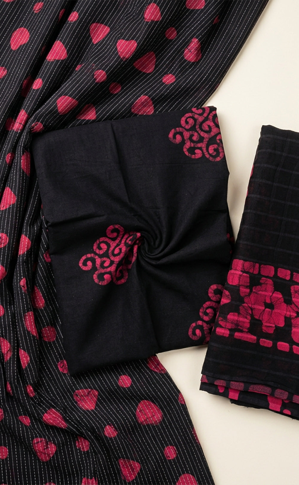 Black Cotton Thread Lines And Little Heart Printed Un-Stritched Dress Materials