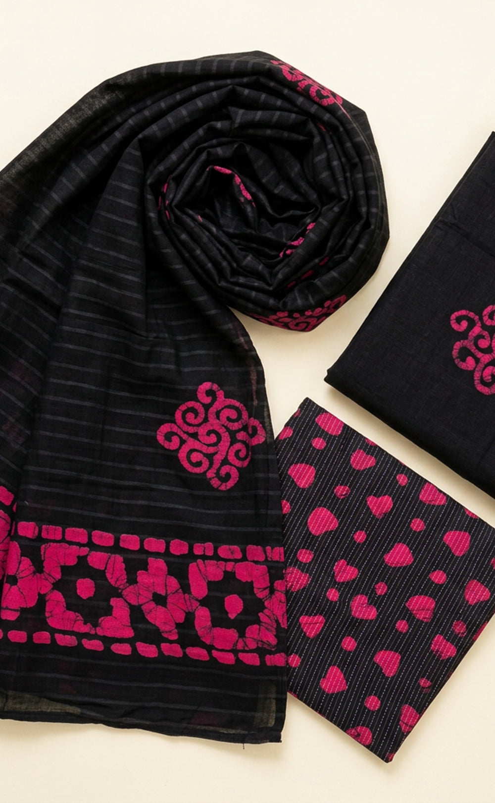 Black Cotton Thread Lines And Little Heart Printed Un-Stritched Dress Materials