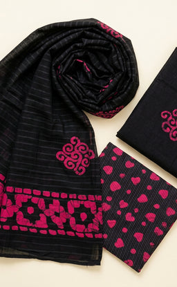 Black Cotton Thread Lines And Little Heart Printed Un-Stritched Dress Materials