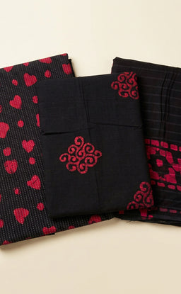 Black Cotton Thread Lines And Little Heart Printed Un-Stritched Dress Materials