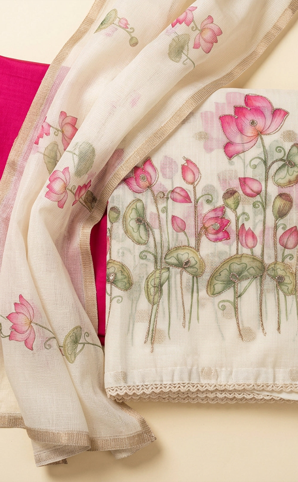 White Kota Cotton All-Over Lotus Printed U-Stritched Dress Materials