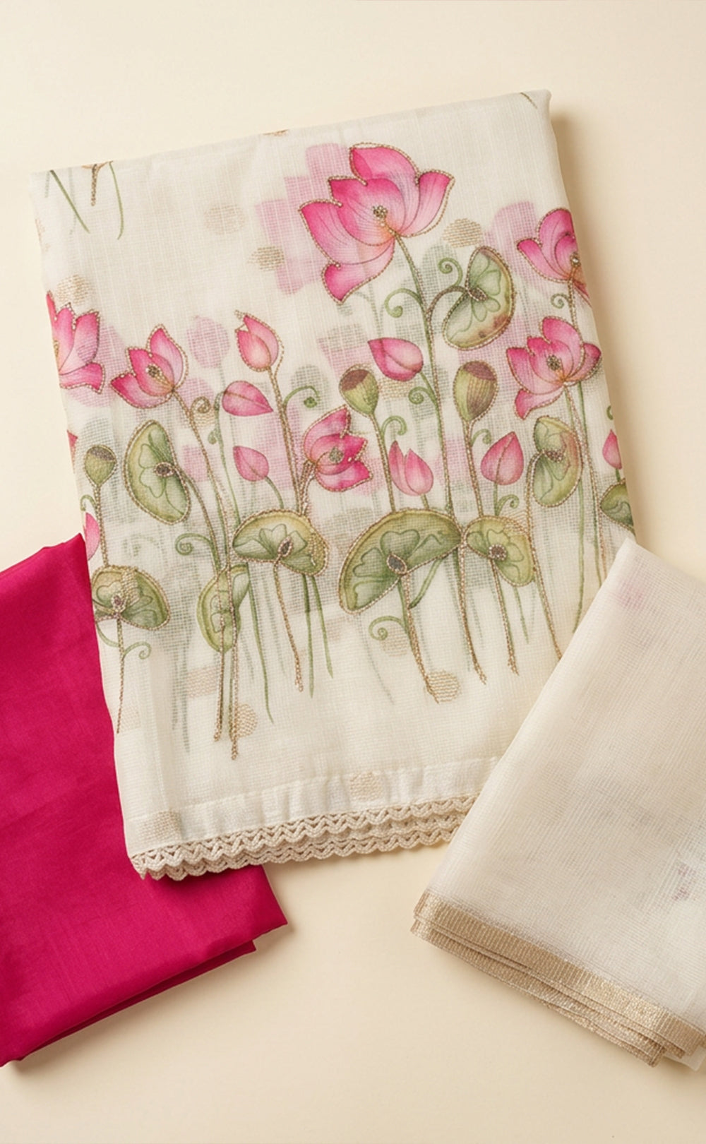 White Kota Cotton All-Over Lotus Printed U-Stritched Dress Materials