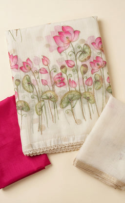 White Kota Cotton All-Over Lotus Printed U-Stritched Dress Materials