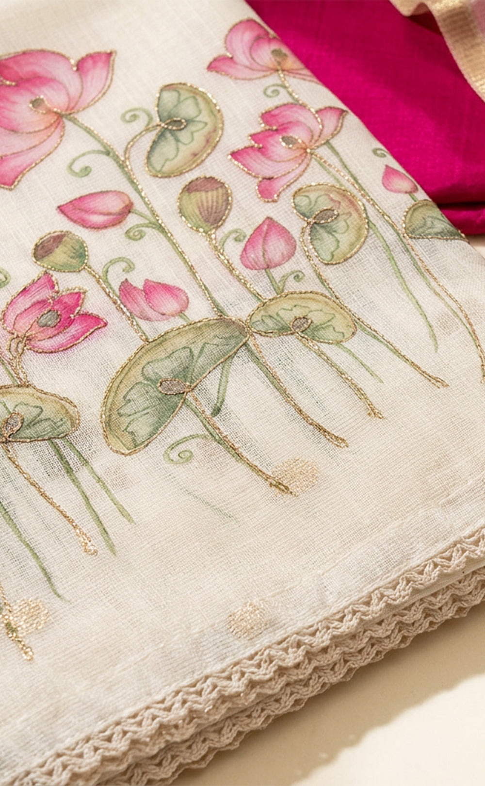 White Kota Cotton All-Over Lotus Printed U-Stritched Dress Materials