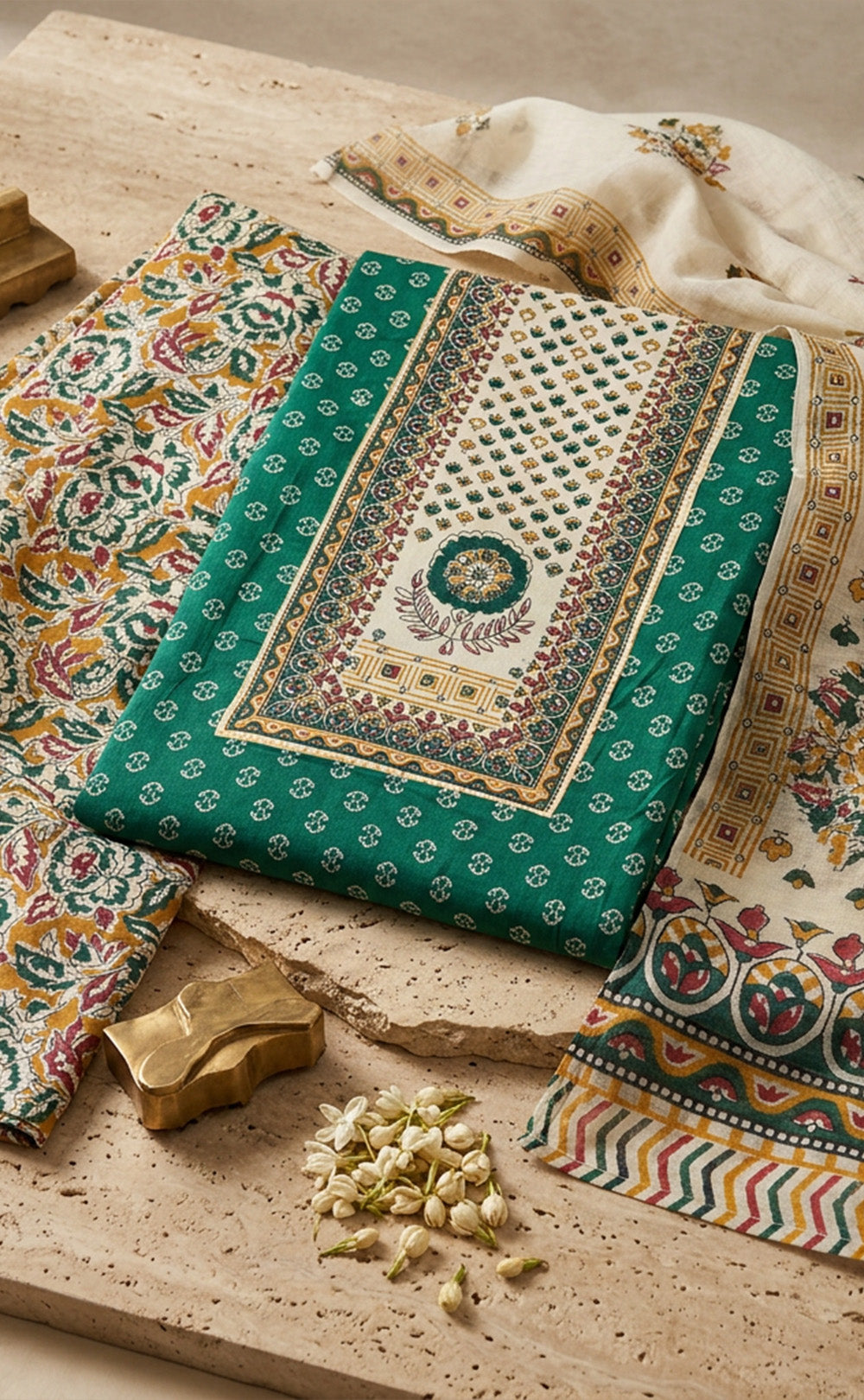 Green Cotton Floral Printed Un-Stitched Dress Material