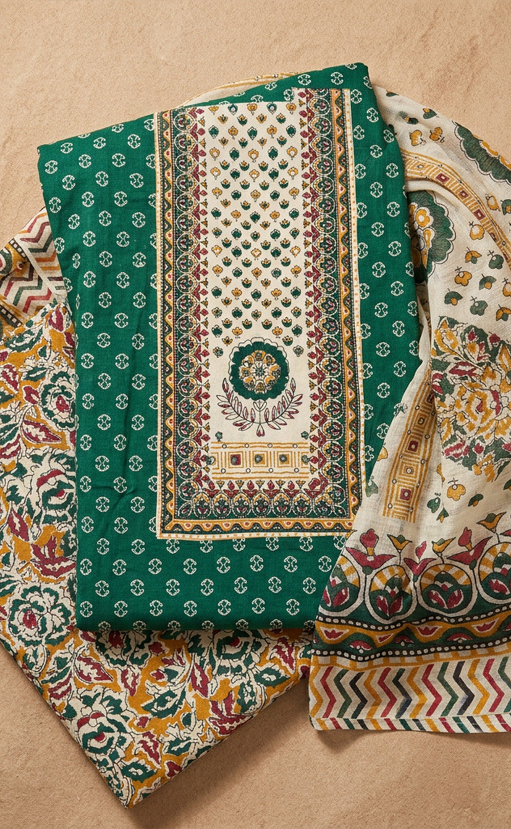 Green Cotton Floral Printed Un-Stitched Dress Material