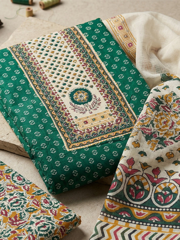 Green Cotton Floral Printed Un-Stitched Dress Material