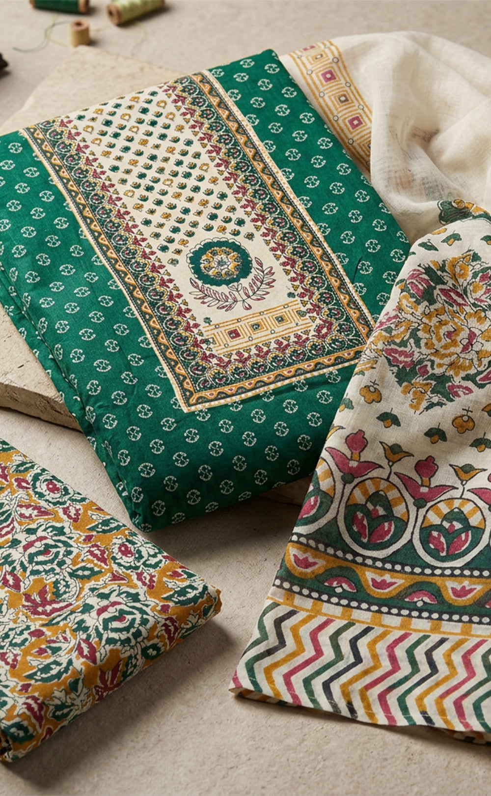 Green Cotton Floral Printed Un-Stitched Dress Material