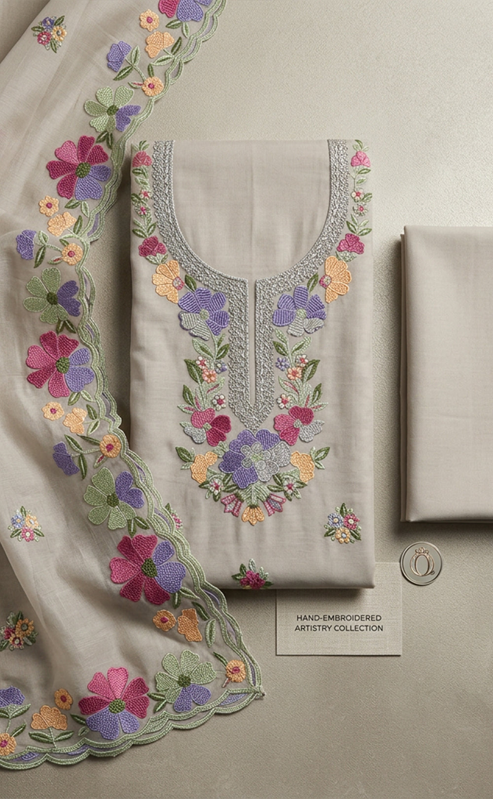 Coffee Roman Silk Thread Embroidery Un-Stitched Dress Material