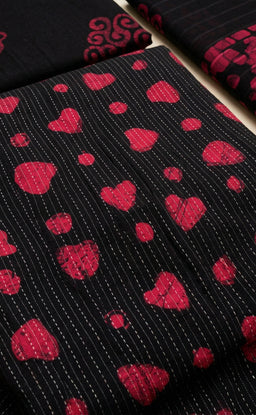 Black Cotton Thread Lines And Little Heart Printed Un-Stritched Dress Materials