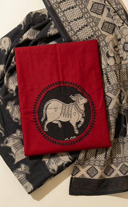 Red Cotton Kalamkari Printed Un-Stritched Dress Material