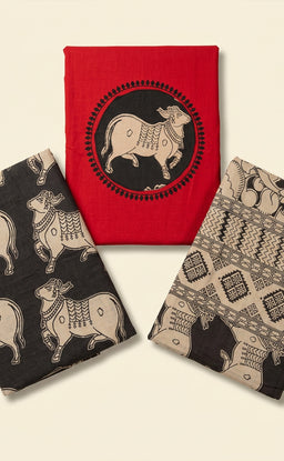 Red Cotton Kalamkari Printed Un-Stritched Dress Material